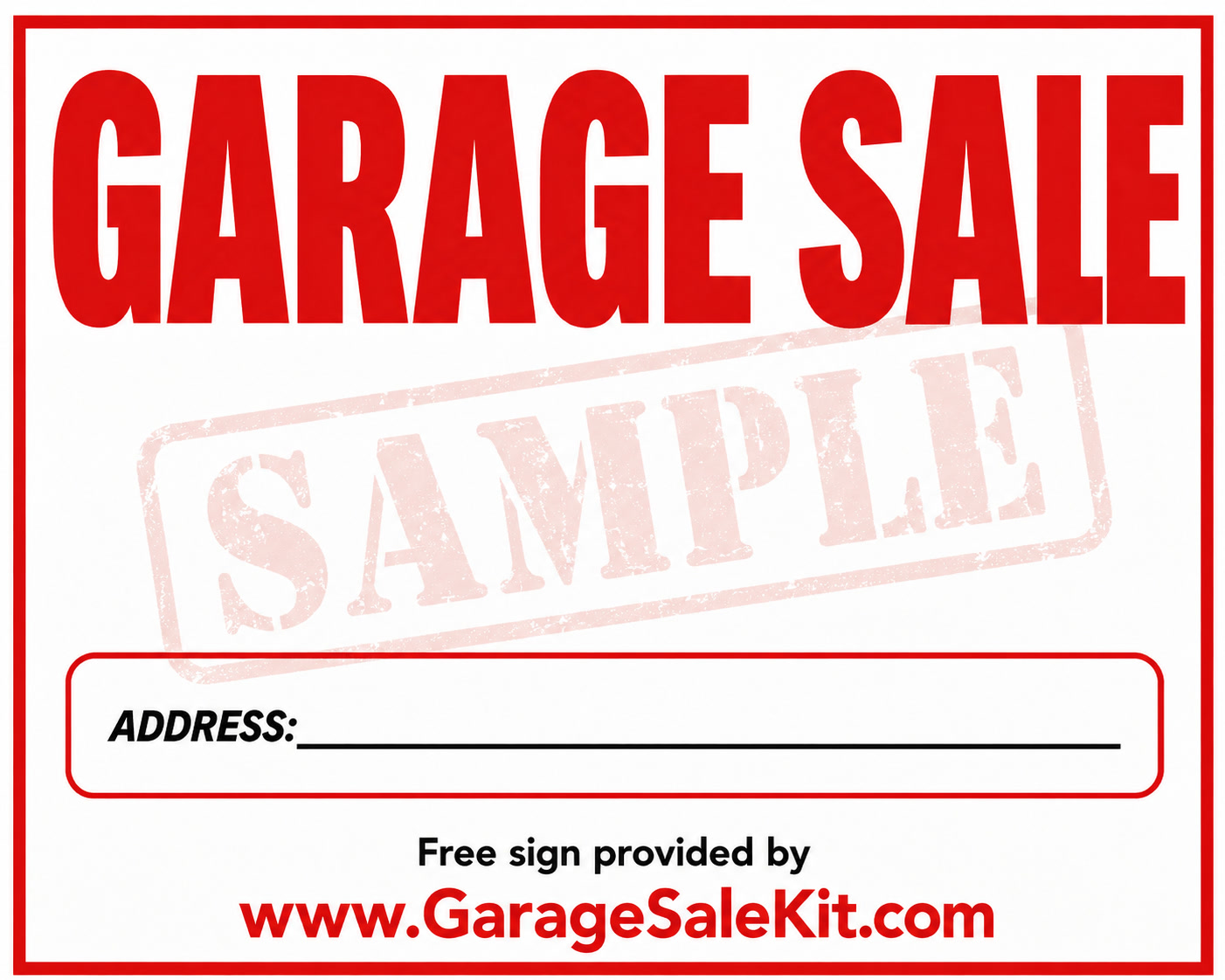 Free printable garage sale sign with bold lettering and a blank address line